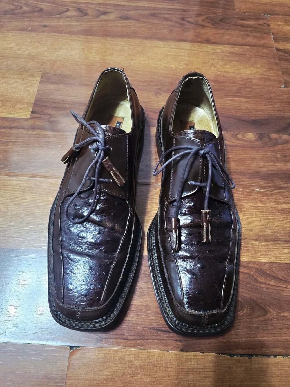 Florsheim Barletta Shoe Square Toe Ostrich-Embossed Brown Leather Tassel Laces